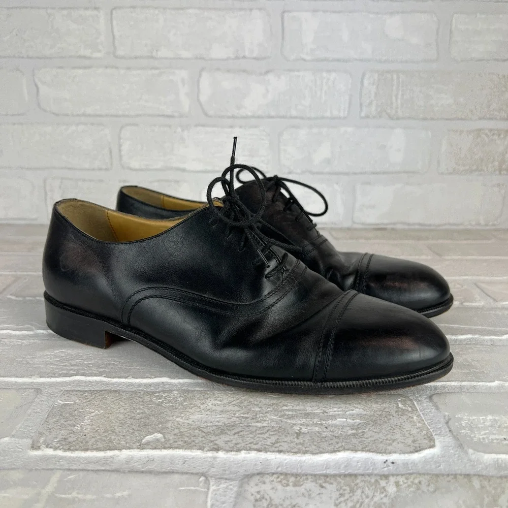 Mario Fagni Oxford Dress Shoes Mens 8.5 Black Leather Cap Toe Classic Lace Italy